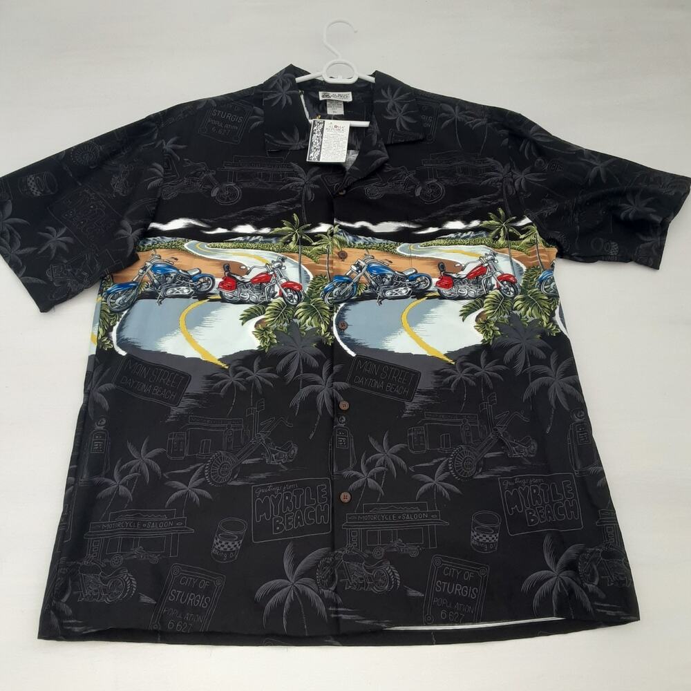 Aloha Republic Hawaiian Shirt Men’s XL Motorcycle Made USA Biker Print Black EUC